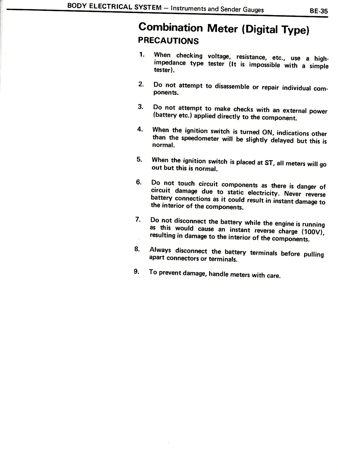 Combination Meter (Digital Type) Precautions — MK2 Supra Body Electrical System, page 35