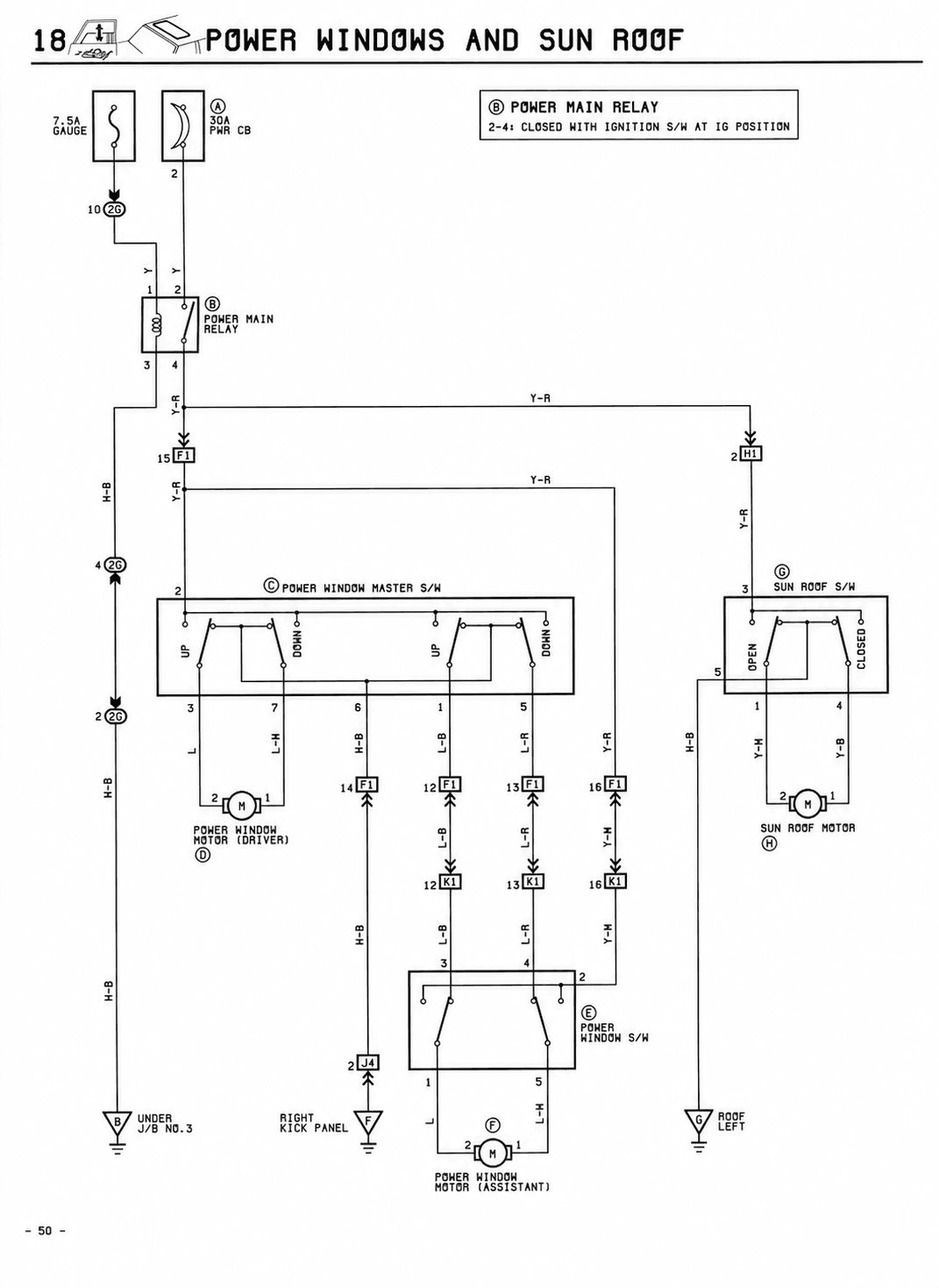 Power Windows and Sun Roof — MK2 Supra Power Windows and Sun Roof wiring diagram, page 1