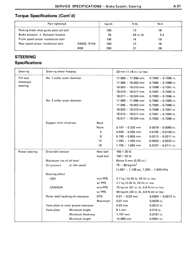 Torque Specifications (Cont'd) — MK3 Supra Service Specifications, page 31