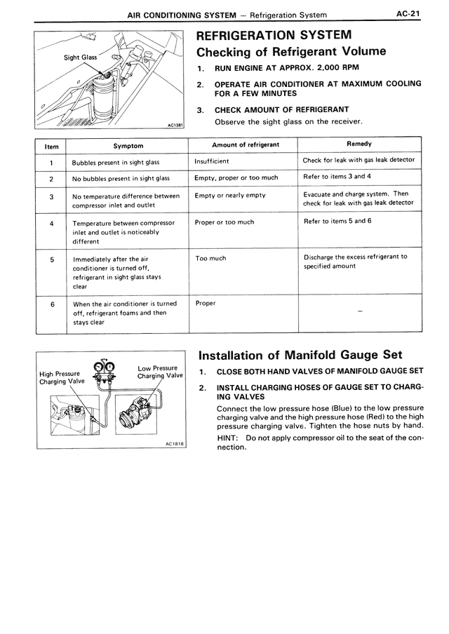 Refrigeration System Checking of Refrigerant Volume — MK3 Supra Air Conditioning System, page 21