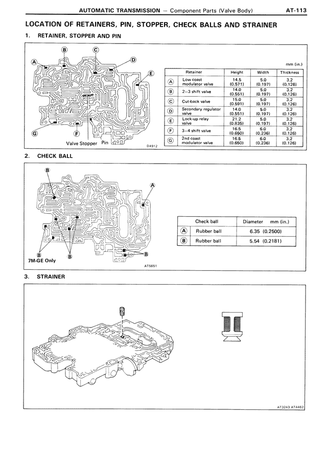 Location of Retainers, Pin, Stopper, Check Balls and Strainer — MK3 Supra Automatic Transmission, page 113