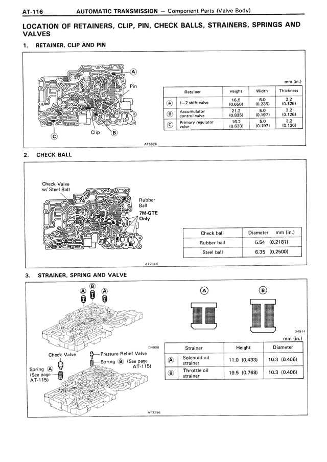 Location of Retainers, Clip, Pin, Check Balls, Strainers, Springs and Valves — MK3 Supra Automatic Transmission, page 116