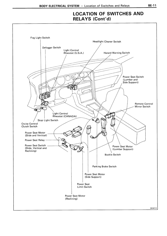 Location of Switches and Relays (Cont'd) — MK3 Supra Body Electrical System, page 11