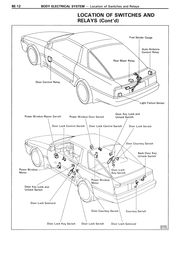 Location of Switches and Relays (Cont'd) — MK3 Supra Body Electrical System, page 12