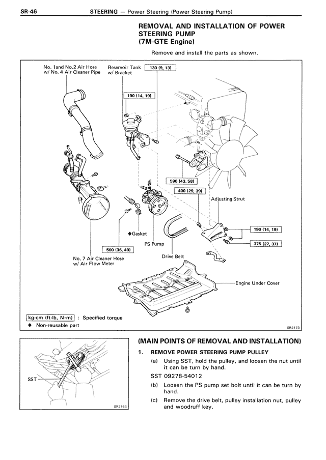Removal and Installation of Power Steering Pump (7M-GTE Engine) — MK3 Supra Steering, page 46