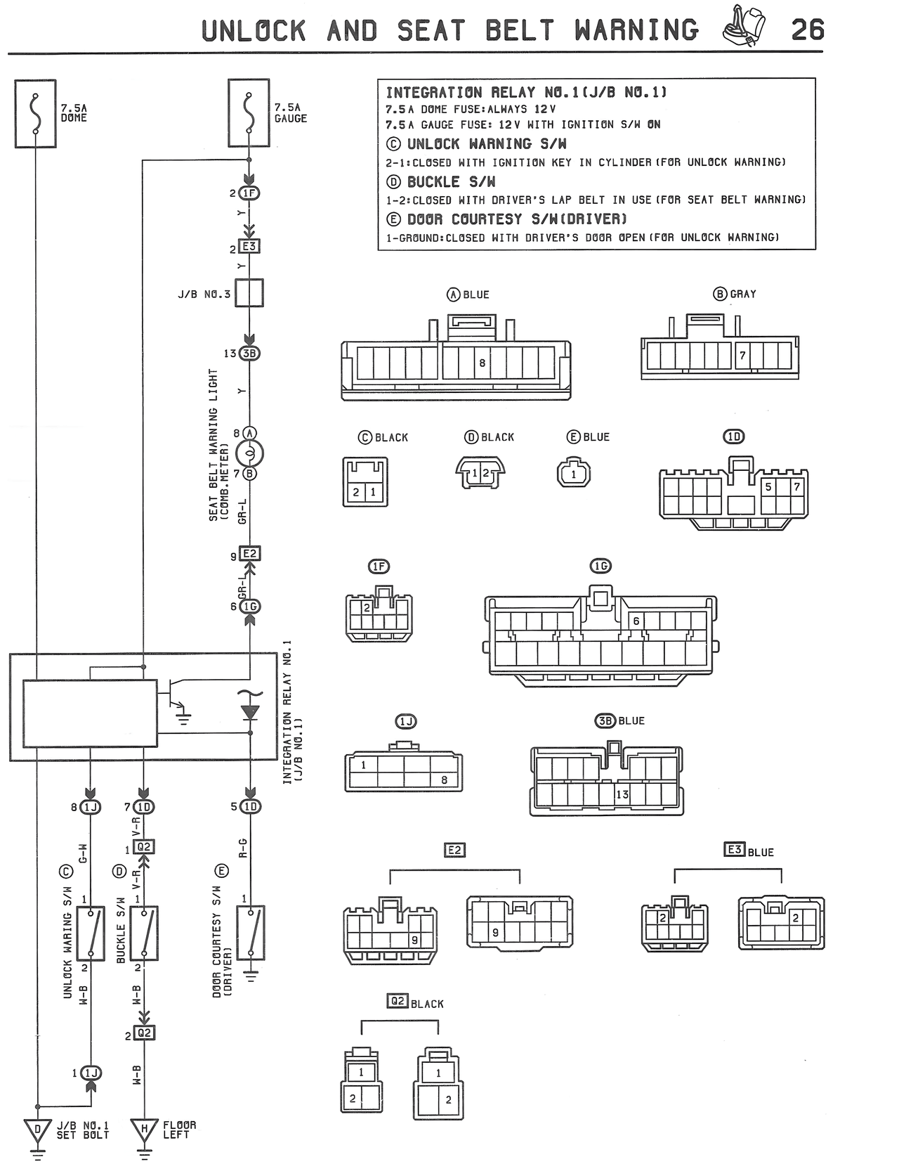 Unlock and Seat Belt Warning — MK3 Supra Unlock and Seat Belt Warning wiring diagram, page 1