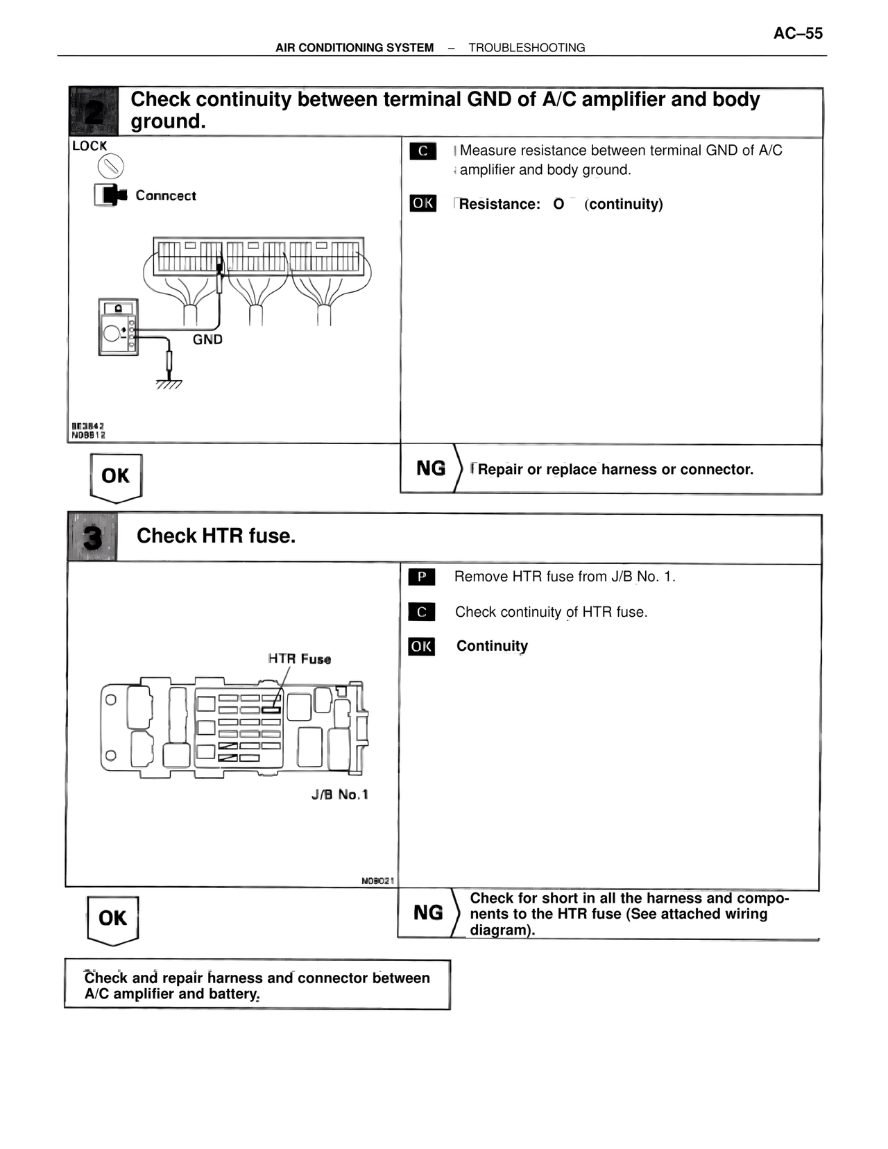 Check continuity between terminal Gnd of A/C amplifier and body ground. — MK4 Supra Air Conditioning, page 55