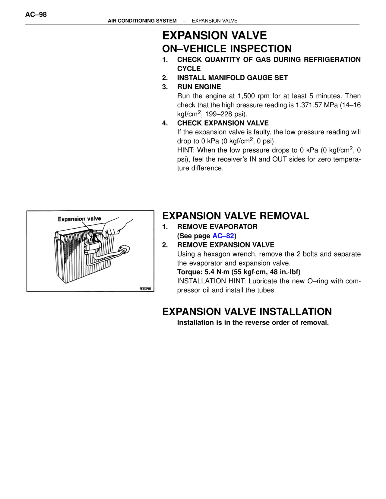 Expansion Valve On–vehicle Inspection — MK4 Supra Air Conditioning, page 98