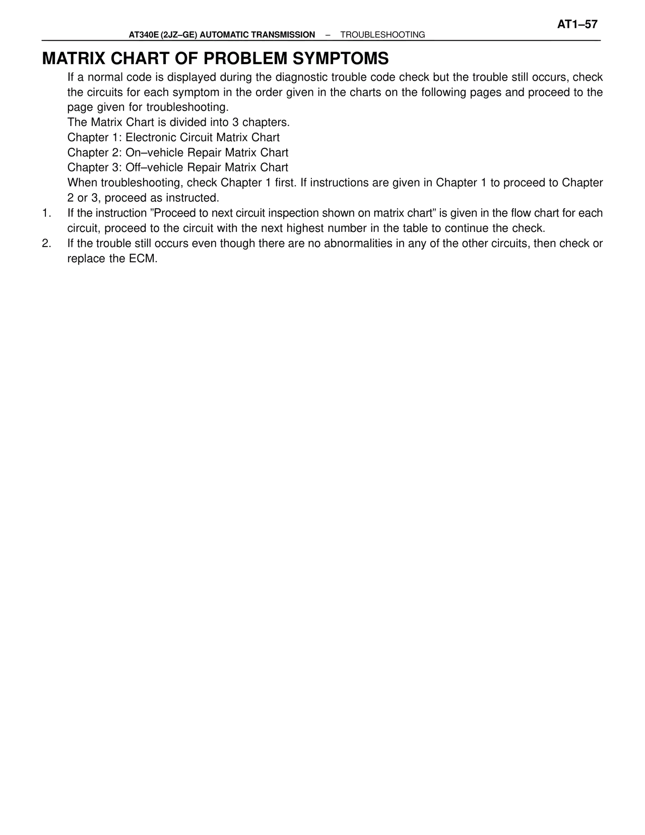 Matrix Chart of Problem Symptoms — MK4 Supra A340 Automatic Trans (GE), page 57