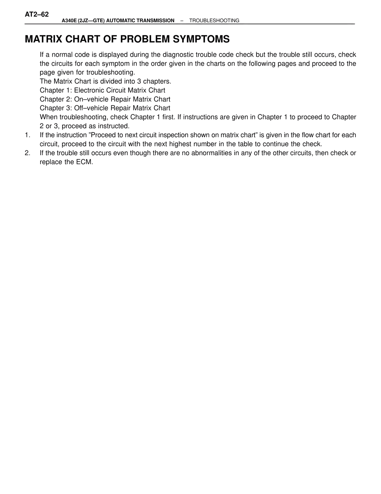 Matrix Chart of Problem Symptoms — MK4 Supra A340 Automatic Trans (GTE), page 62