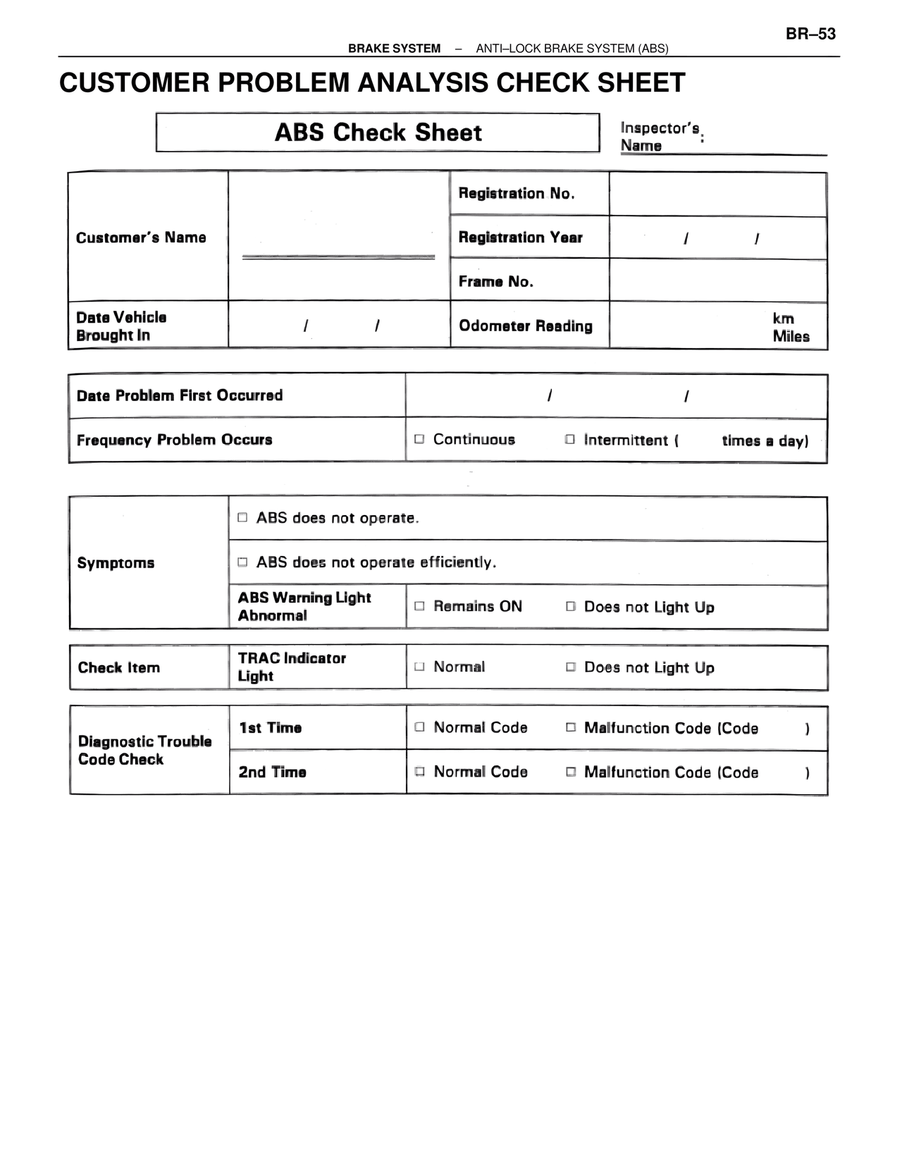 Customer Problem Analysis Check Sheet — MK4 Supra Brakes, ABS & TRAC Systems, page 53