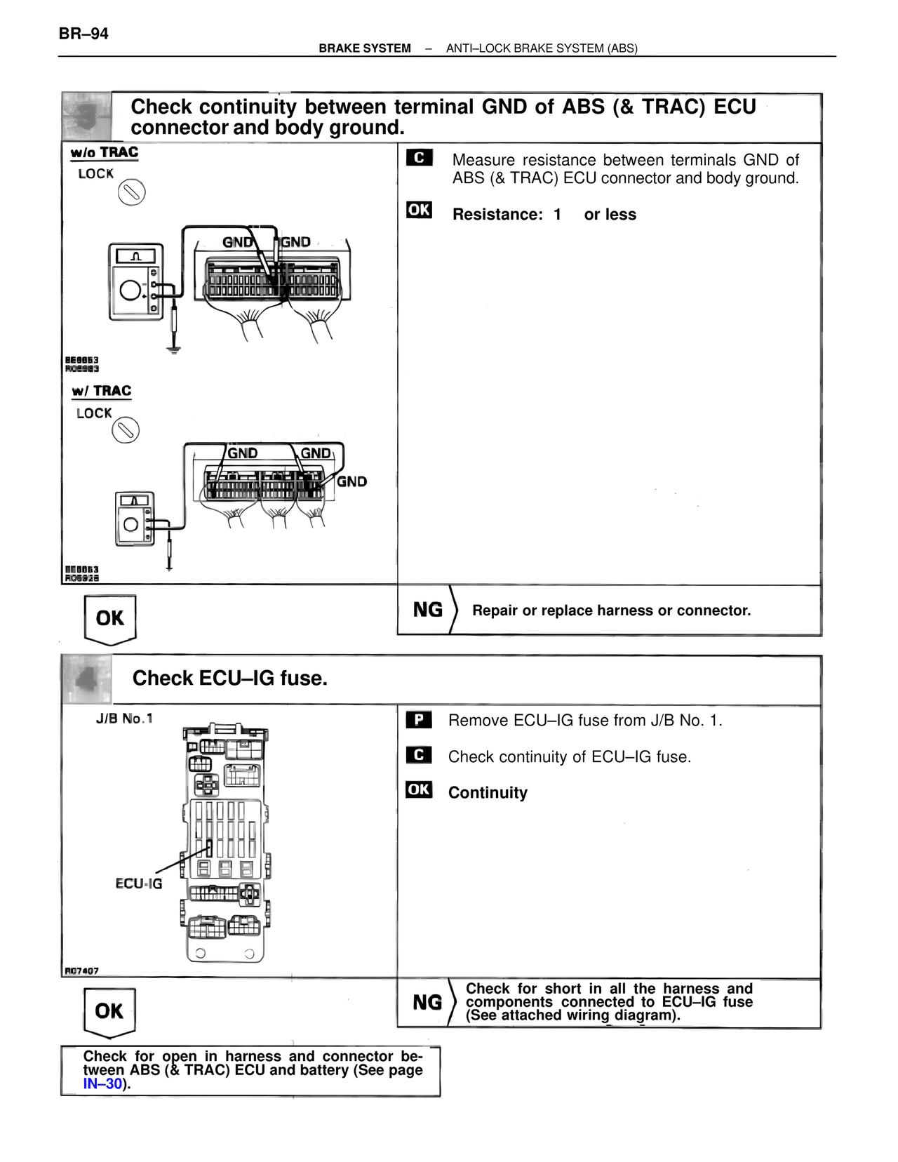 Check continuity between terminal Gnd of ABS (& TRAC) ECU connector and body ground. — MK4 Supra Brakes, ABS & TRAC Systems, page 94
