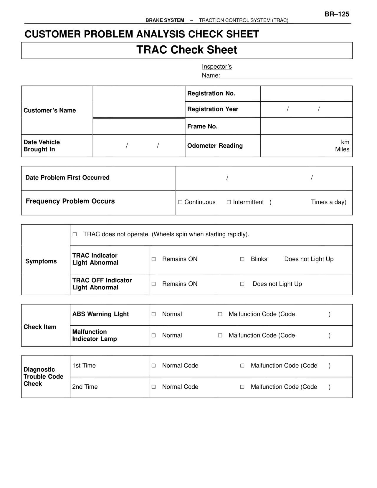 TRAC Check Sheet — MK4 Supra Brakes, ABS & TRAC Systems, page 125