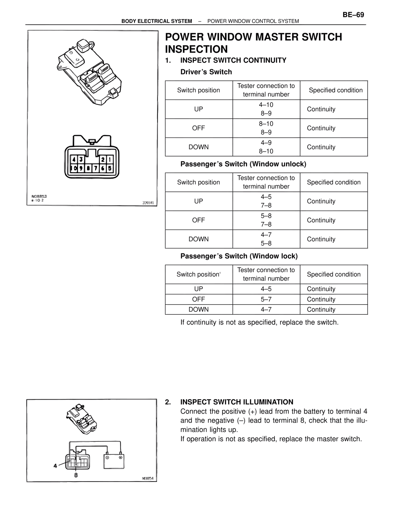 Power Window Master Switch Inspection — MK4 Supra Body Electrical Systems, page 69