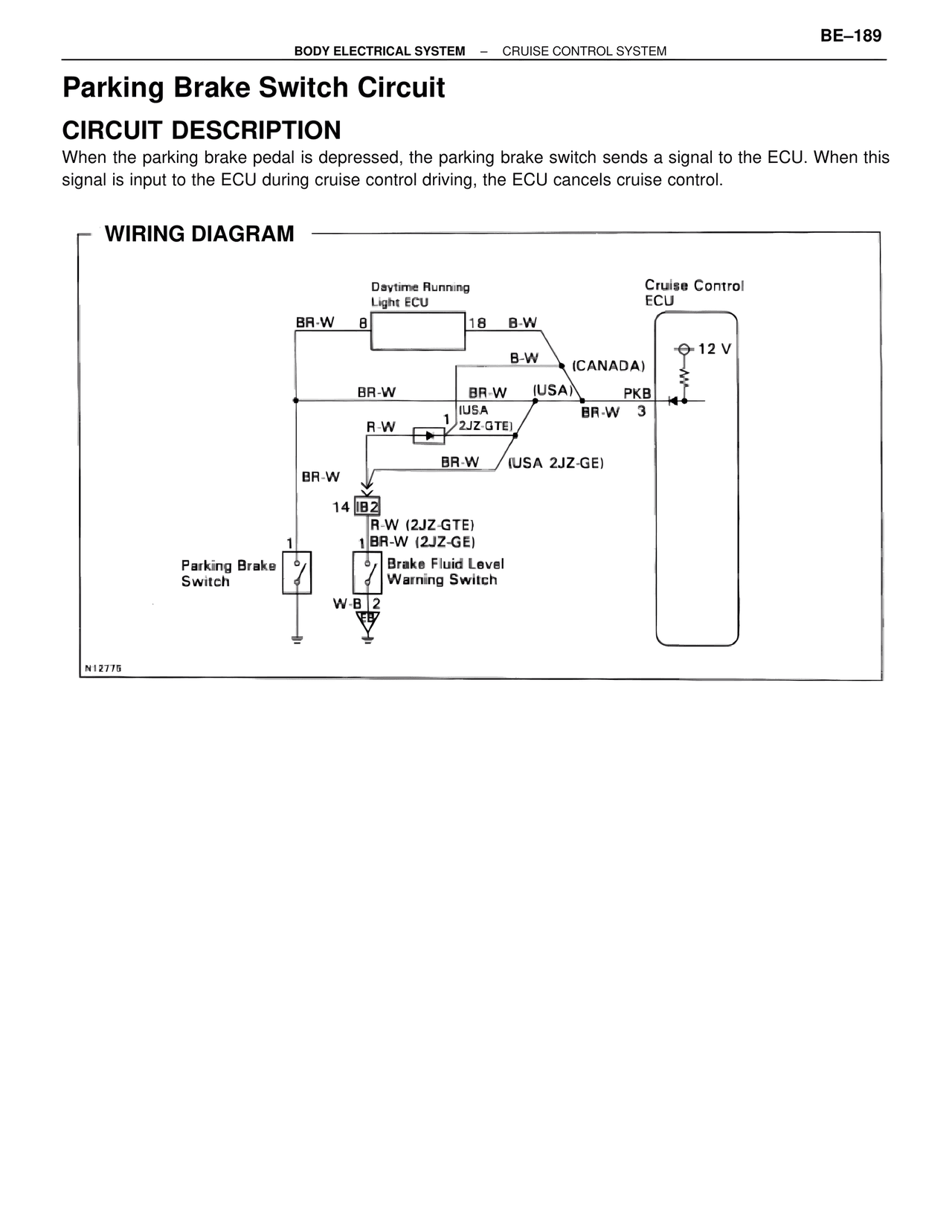 Parking Brake Switch Circuit — MK4 Supra Body Electrical Systems, page 189