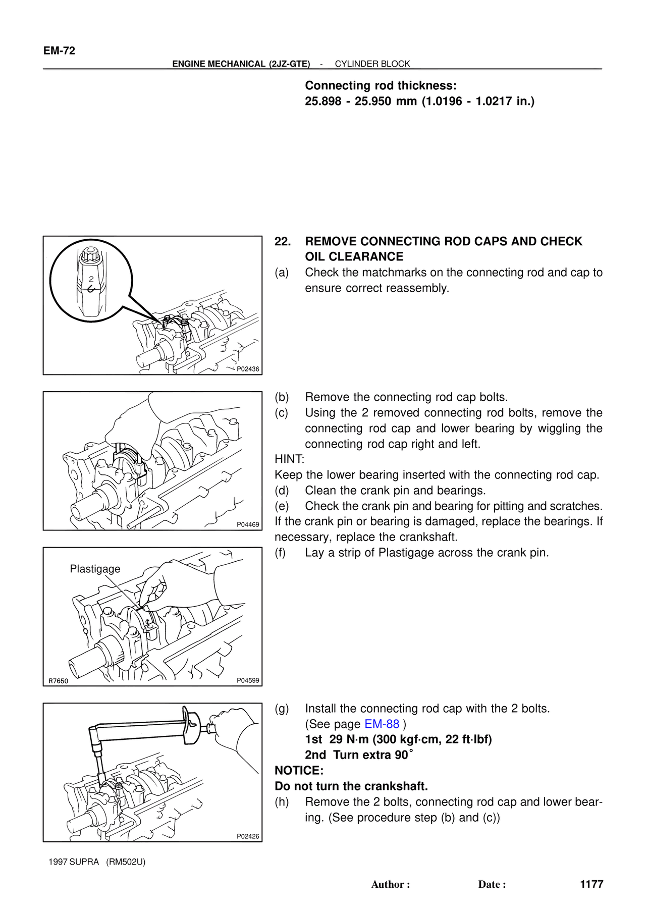 Remove Connecting Rod Caps and Check Oil Clearance — MK4 Supra Engine Mechanical 1997 Supplement, page 44