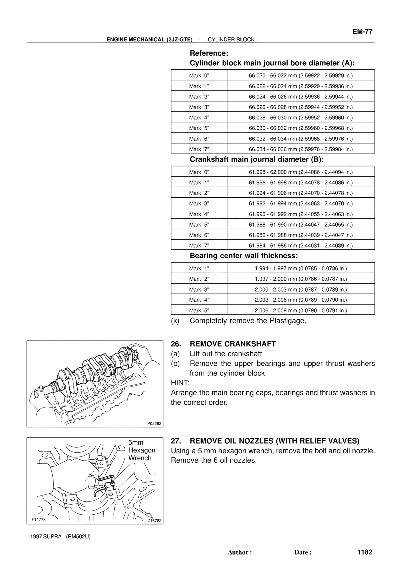 Reference: Cylinder block main journal bore diameter (A): — MK4 Supra Engine Mechanical 1997 Supplement, page 49