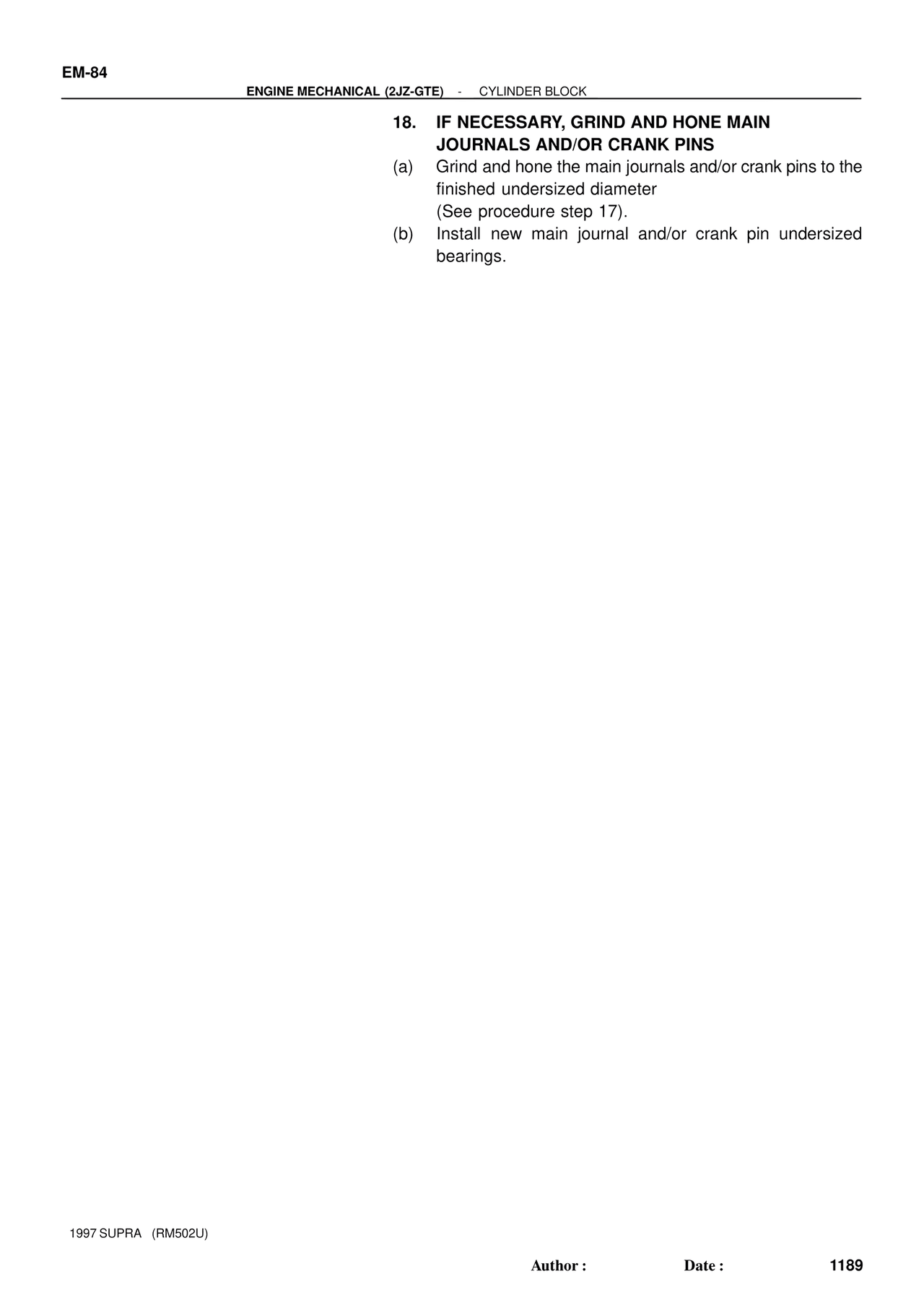 If Necessary, Grind and Hone Main Journals AND/OR Crank Pins — MK4 Supra Engine Mechanical 1997 Supplement, page 56