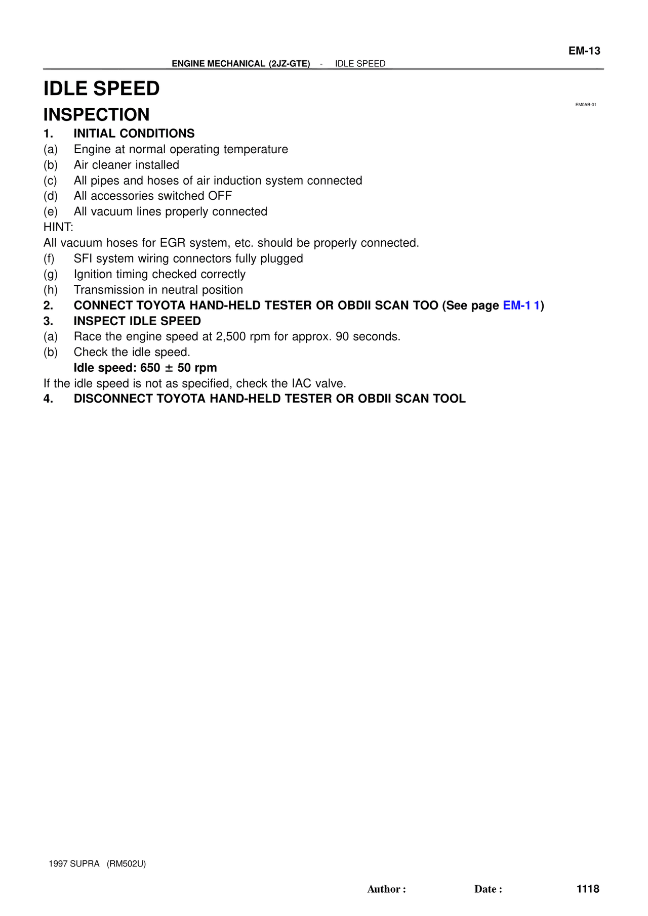Idle Speed — MK4 Supra Engine Mechanical 1997 Supplement, page 72