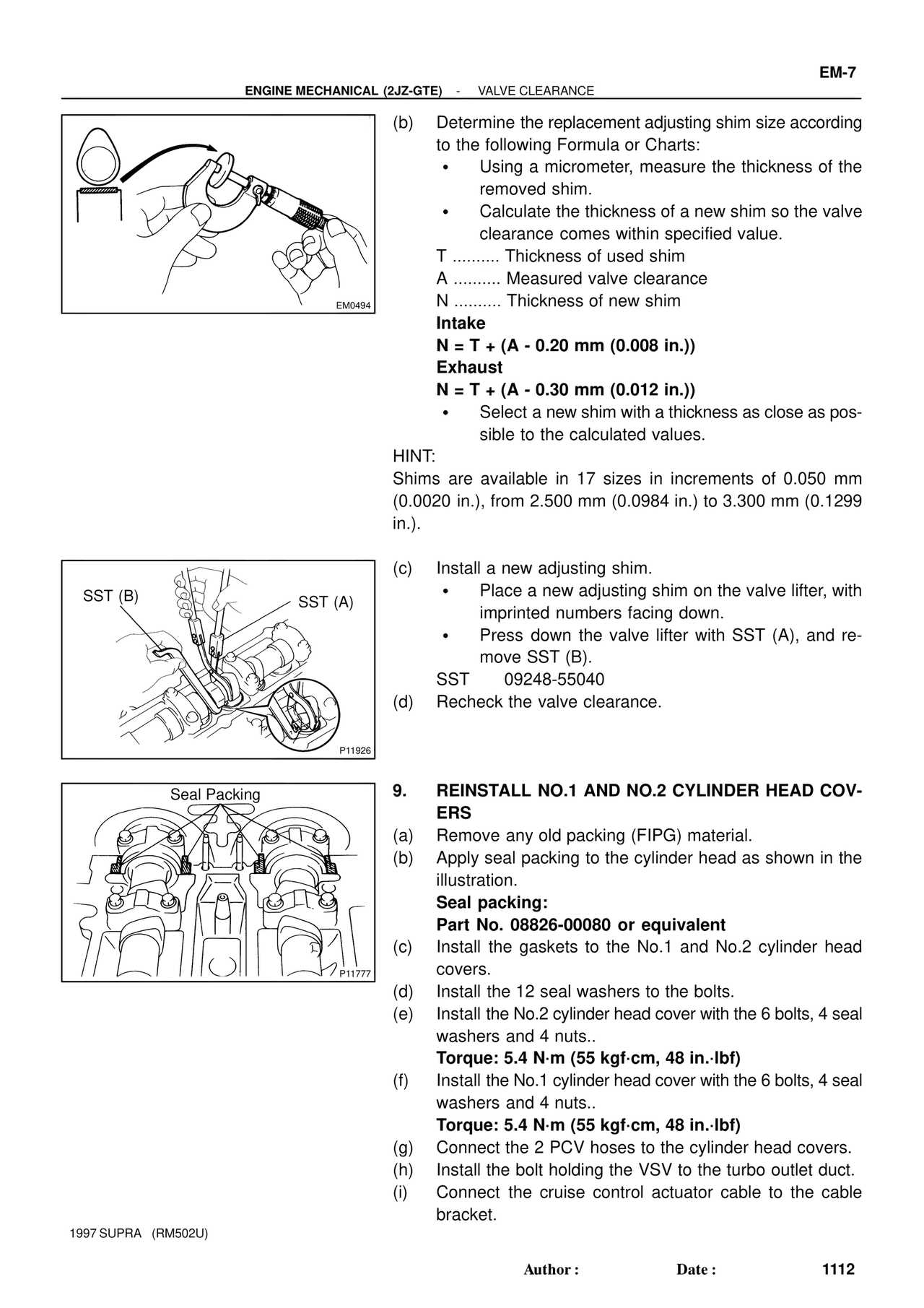Valve Clearance — MK4 Supra Engine Mechanical 1997 Supplement, page 80