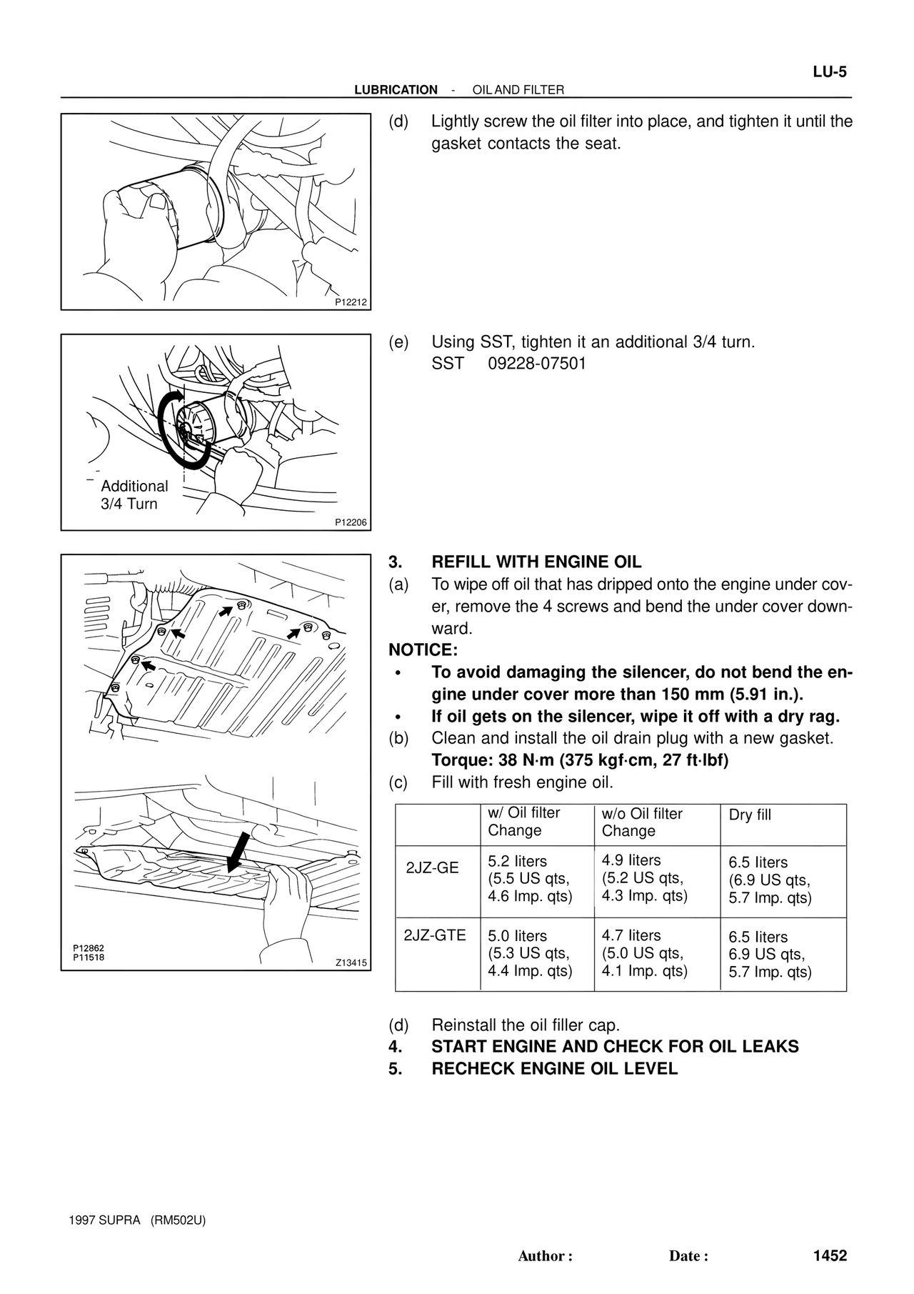 Refill with Engine Oil — MK4 Supra Engine Mechanical 1997 Supplement, page 92