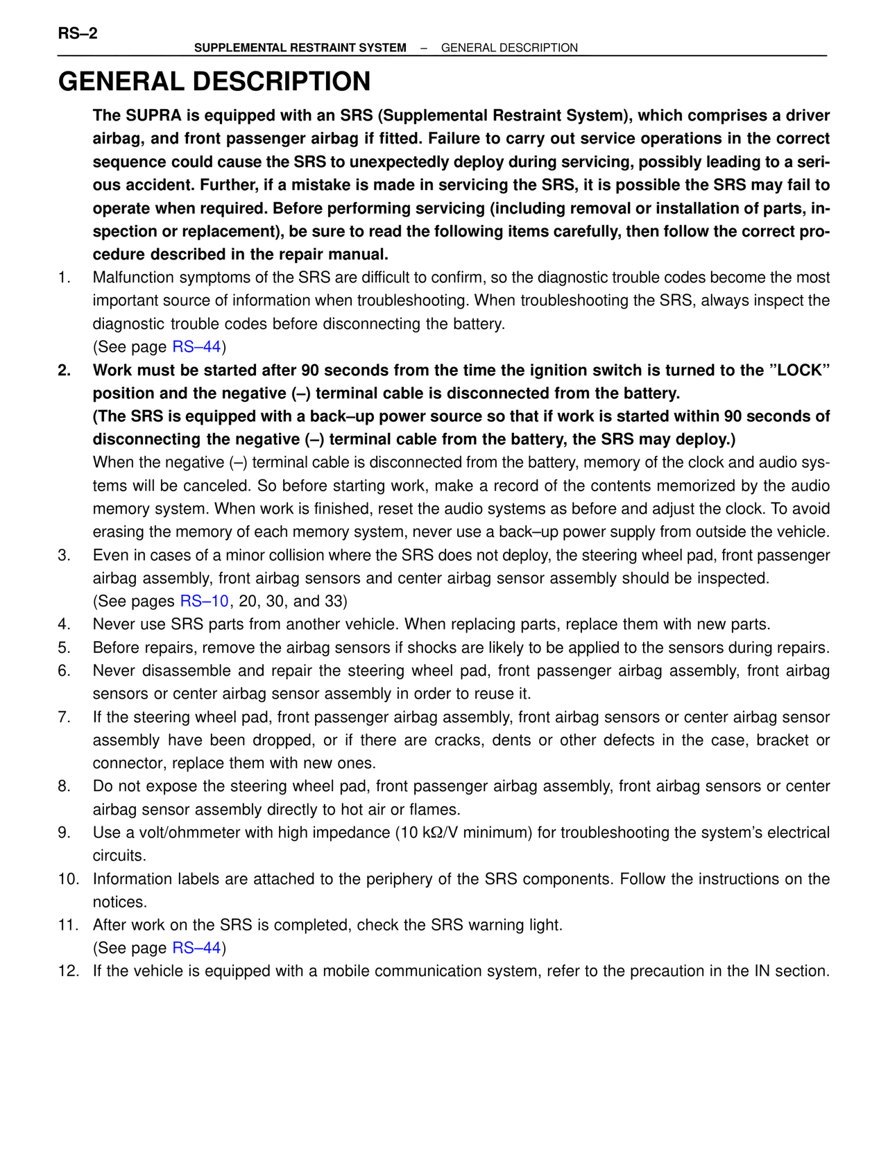General Description — MK4 Supra Supplemental Restraint System, page 2
