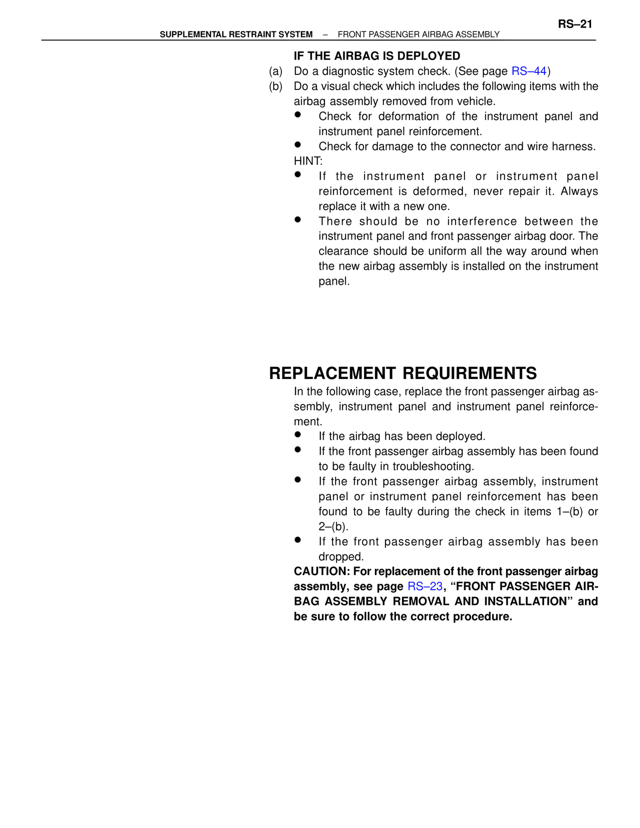 Replacement Requirements — MK4 Supra Supplemental Restraint System, page 21