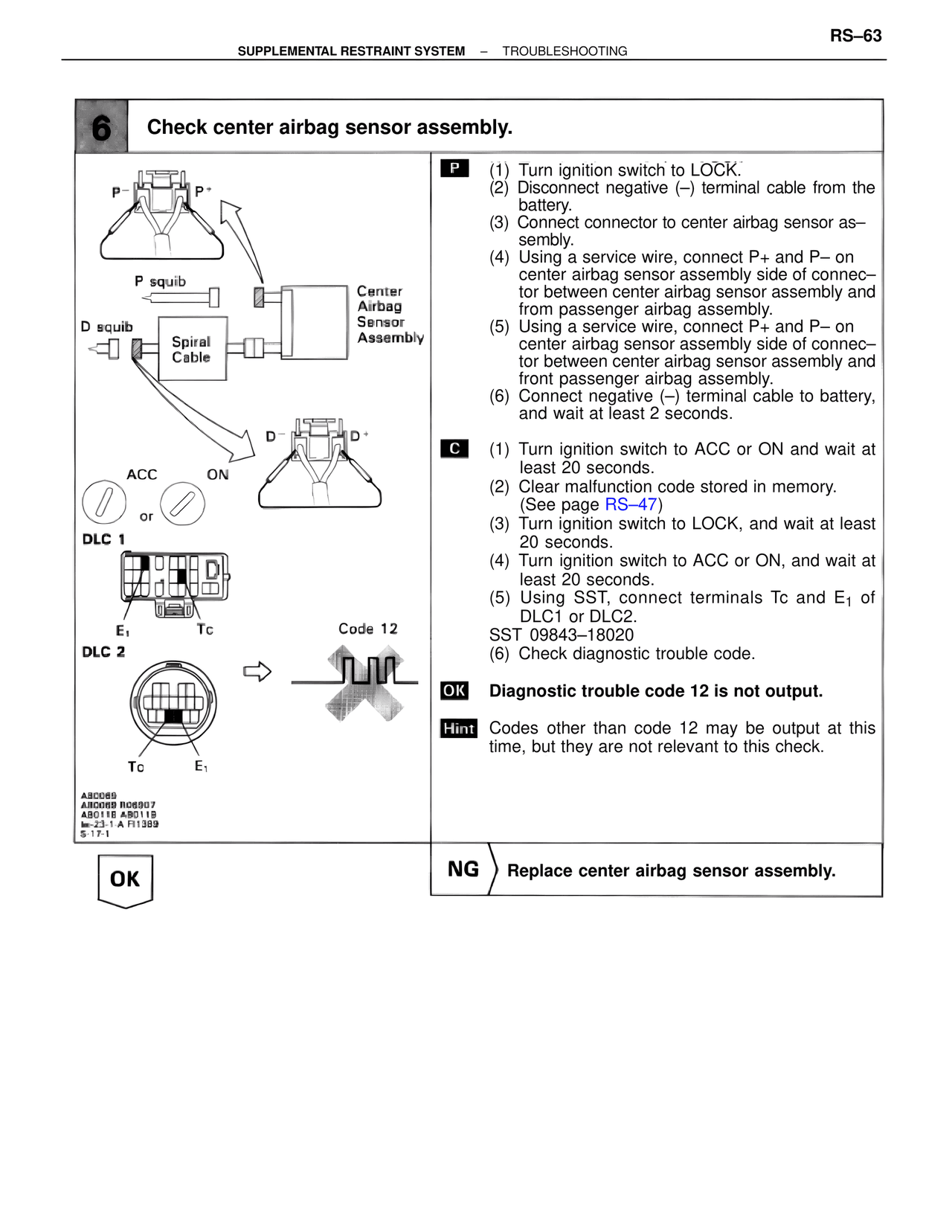 Check center airbag sensor assembly. — MK4 Supra Supplemental Restraint System, page 63