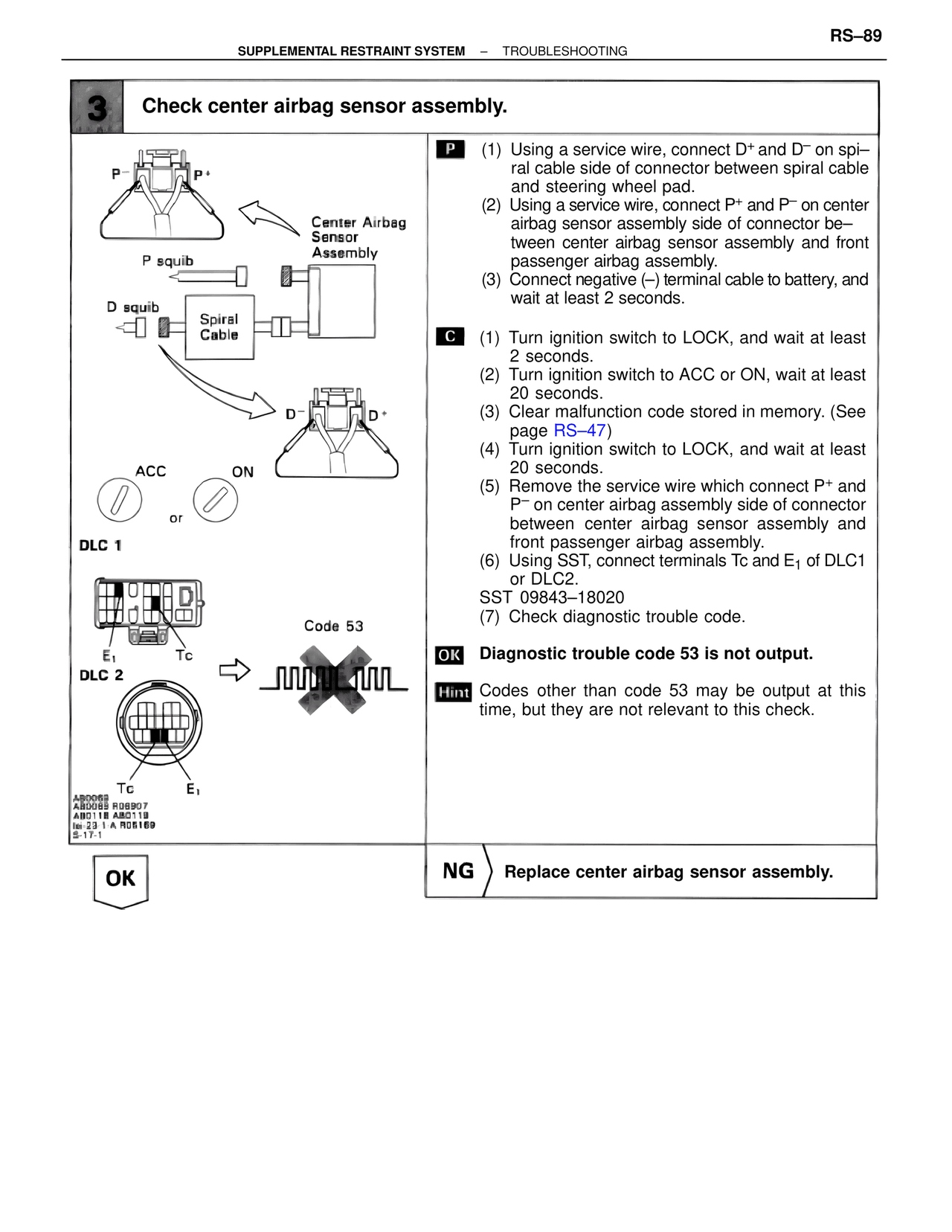 Check center airbag sensor assembly. — MK4 Supra Supplemental Restraint System, page 89