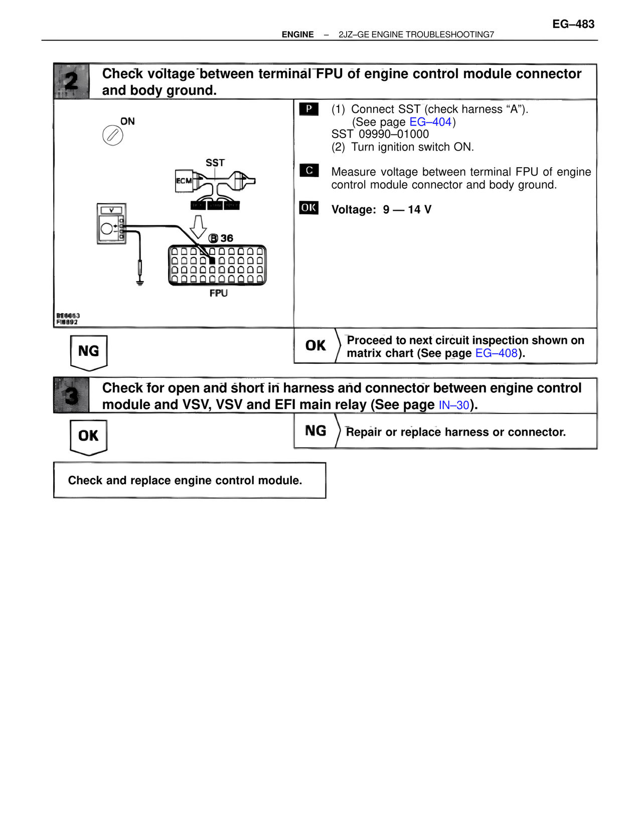 Check voltage between terminal Fpu of engine control module connector and body ground. — MK4 Supra Troubleshooting 2JZ-GE, page 103