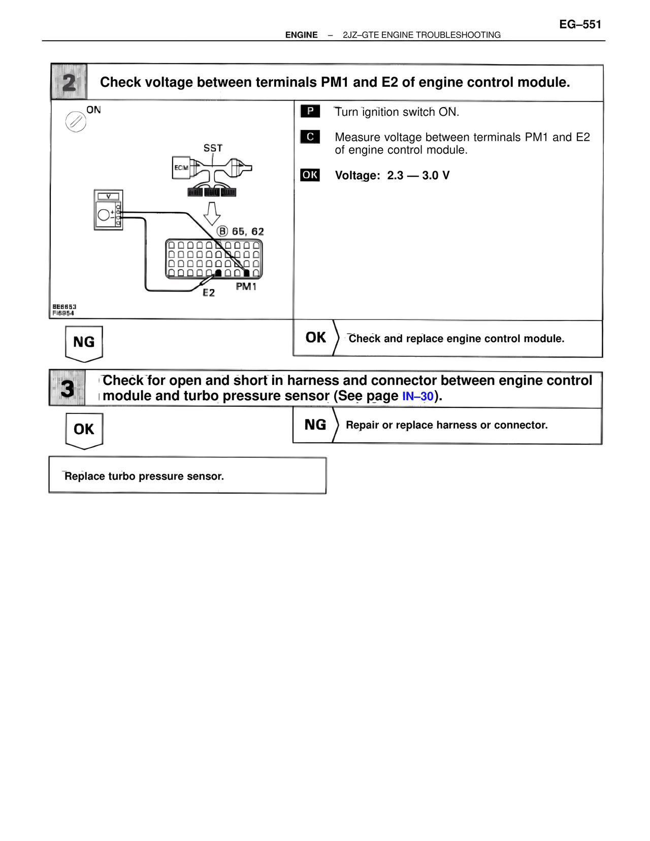 Check voltage between terminals PM1 and E2 of engine control module. — MK4 Supra Troubleshooting 2JZ-GTE, page 65