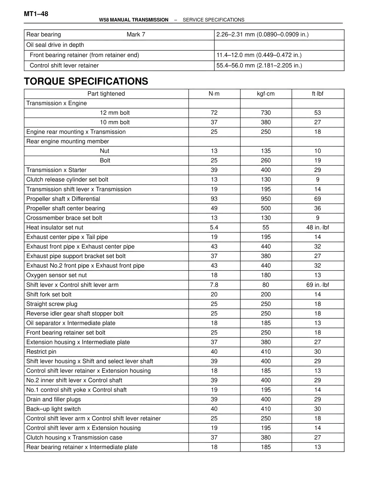 Torque Specifications — MK4 Supra W58 Manual Transmission, page 49