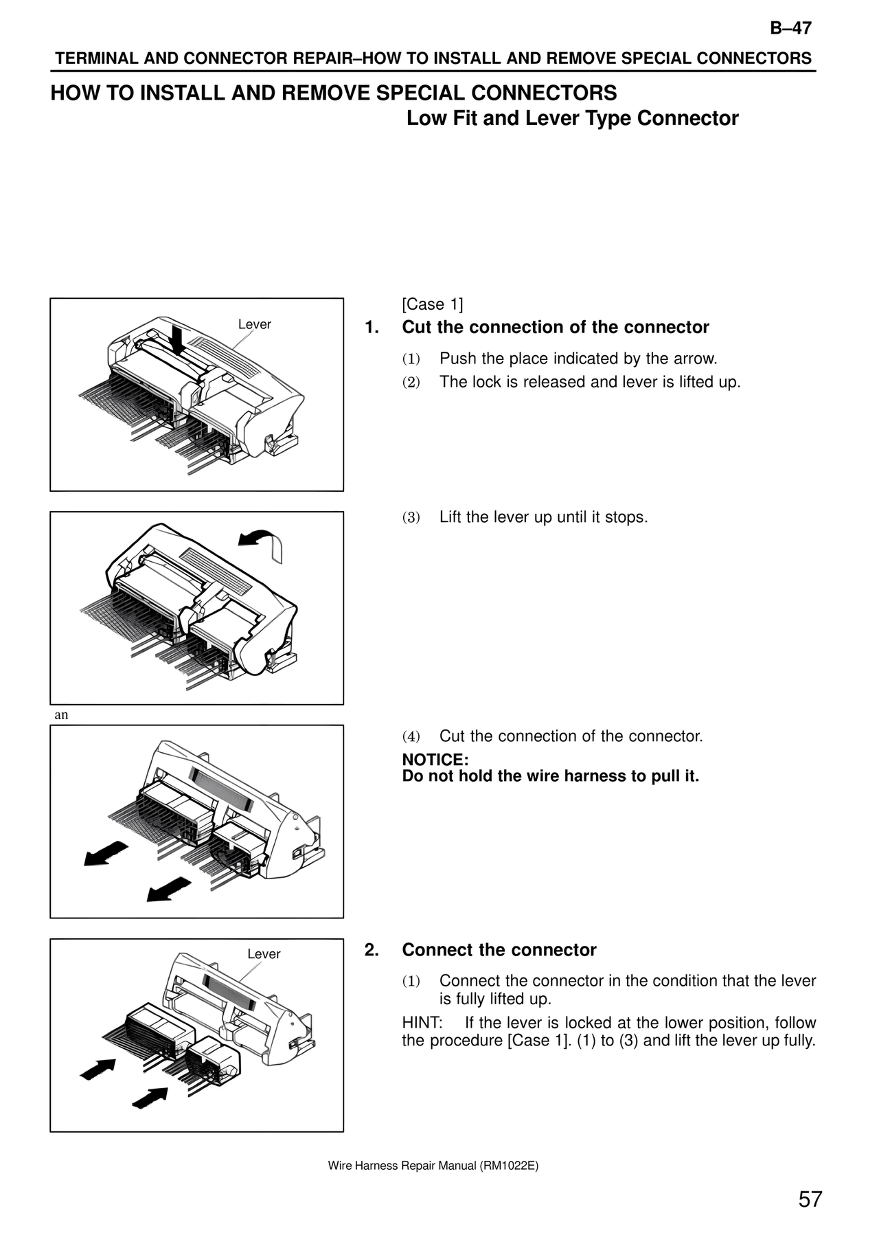 How to Install and Remove Special Connectors Low Fit and Lever Type Connector — MK4 Supra Wire Harness, page 57