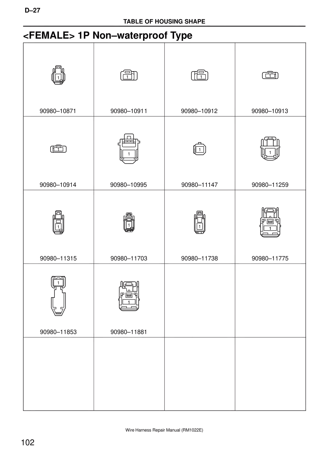 <female> 1P Non–waterproof Type — MK4 Supra Wire Harness, page 102