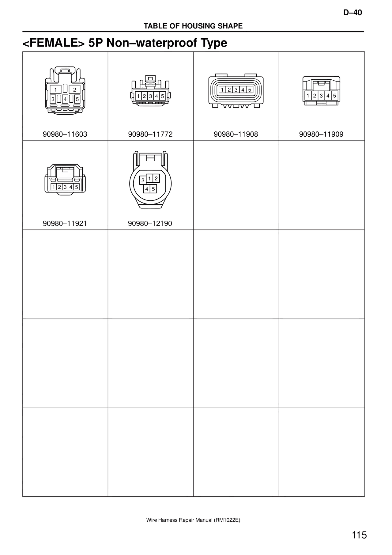 <female> 5P Non–waterproof Type — MK4 Supra Wire Harness, page 115