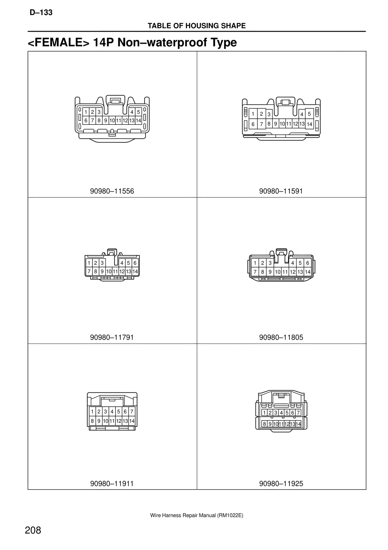 <female> 14P Non–waterproof Type — MK4 Supra Wire Harness, page 208