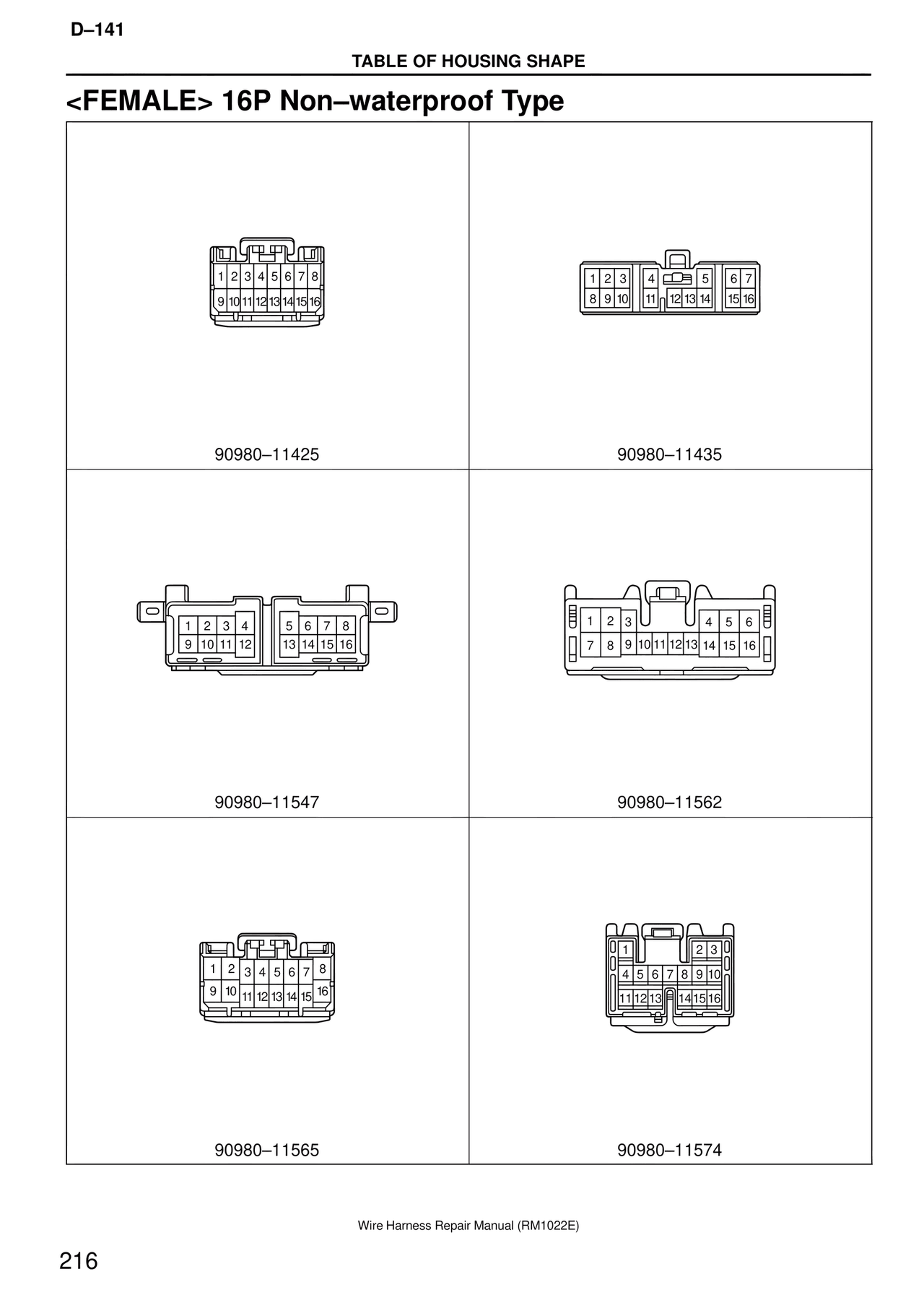 <female> 16P Non–waterproof Type — MK4 Supra Wire Harness, page 216