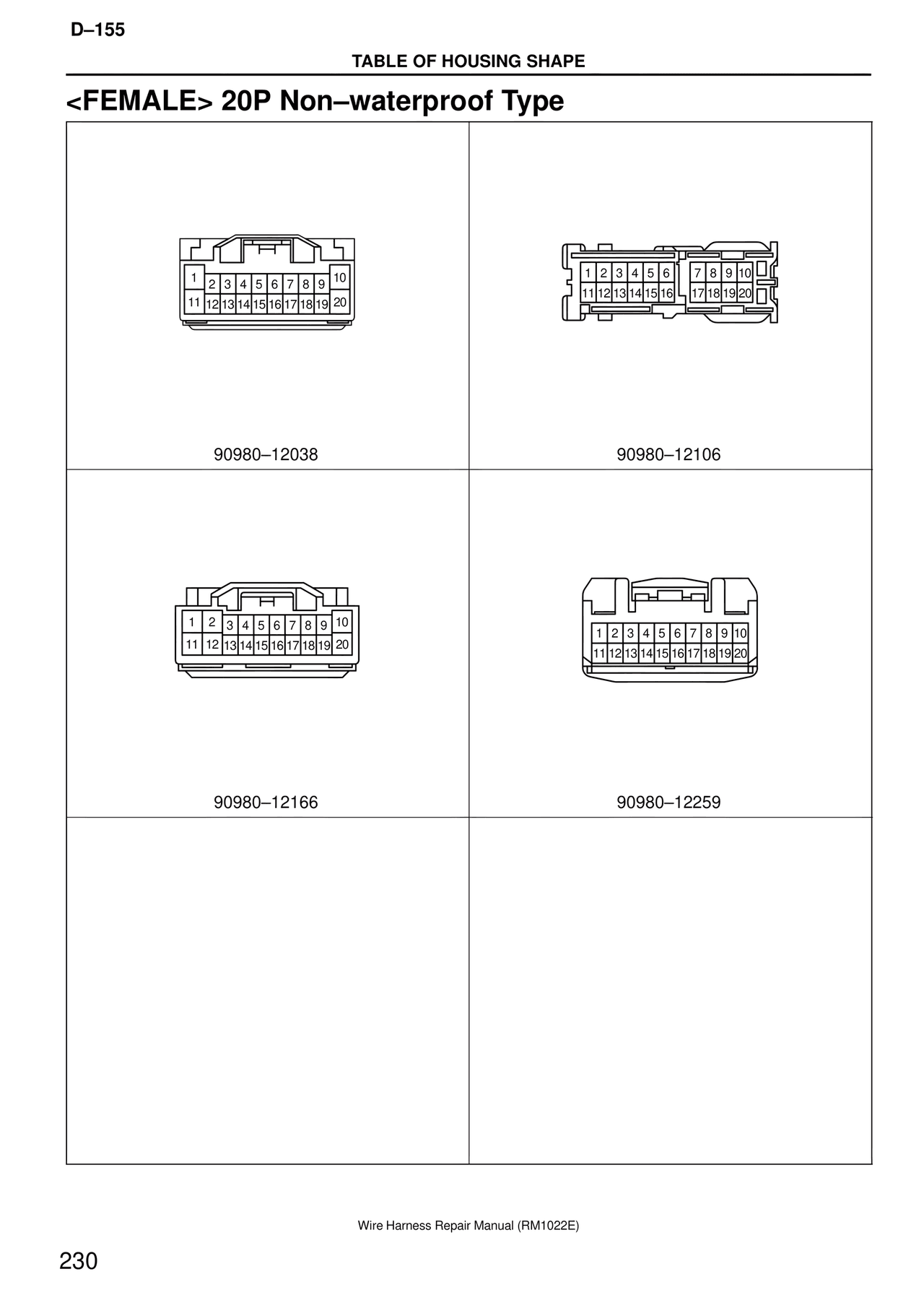 <female> 20P Non–waterproof Type — MK4 Supra Wire Harness, page 230