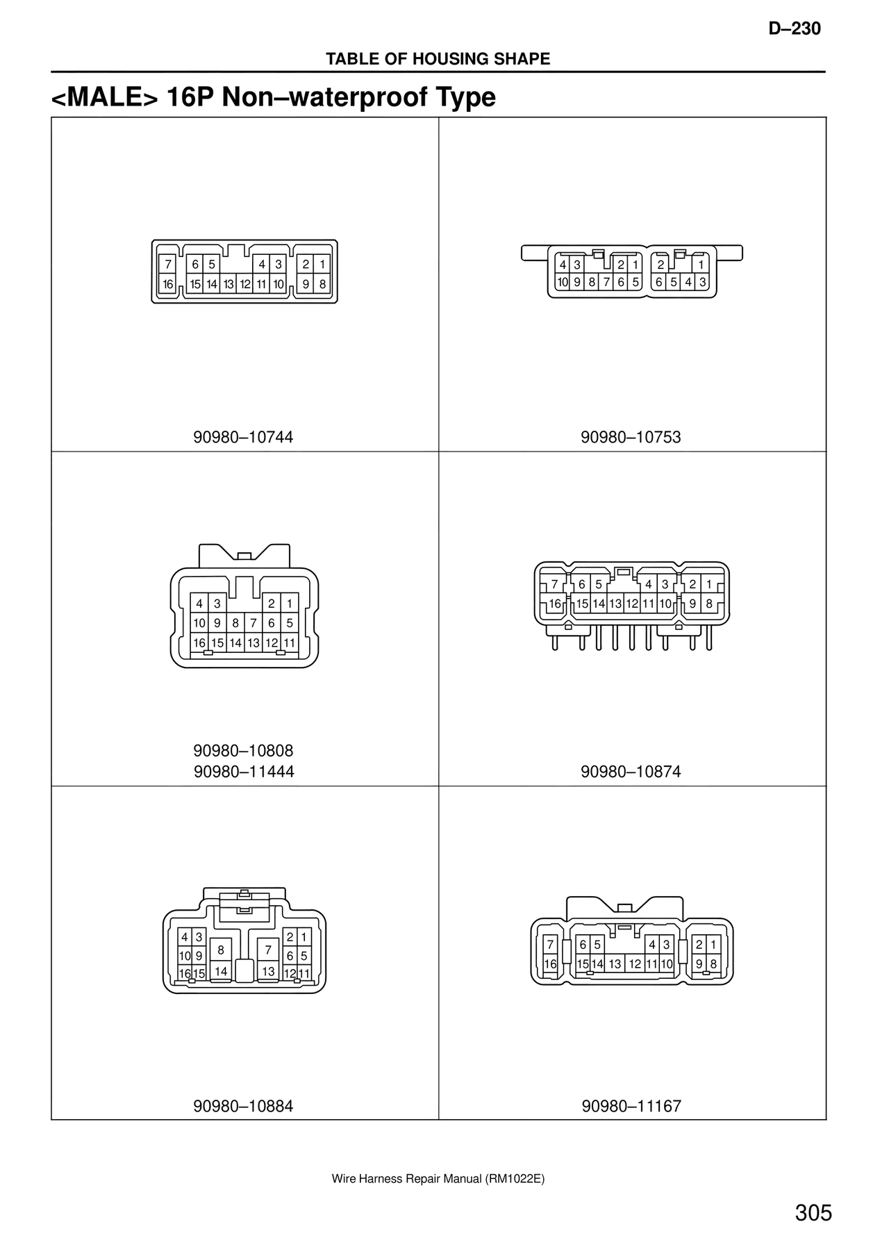 <male> 16P Non-waterproof Type — MK4 Supra Wire Harness, page 305