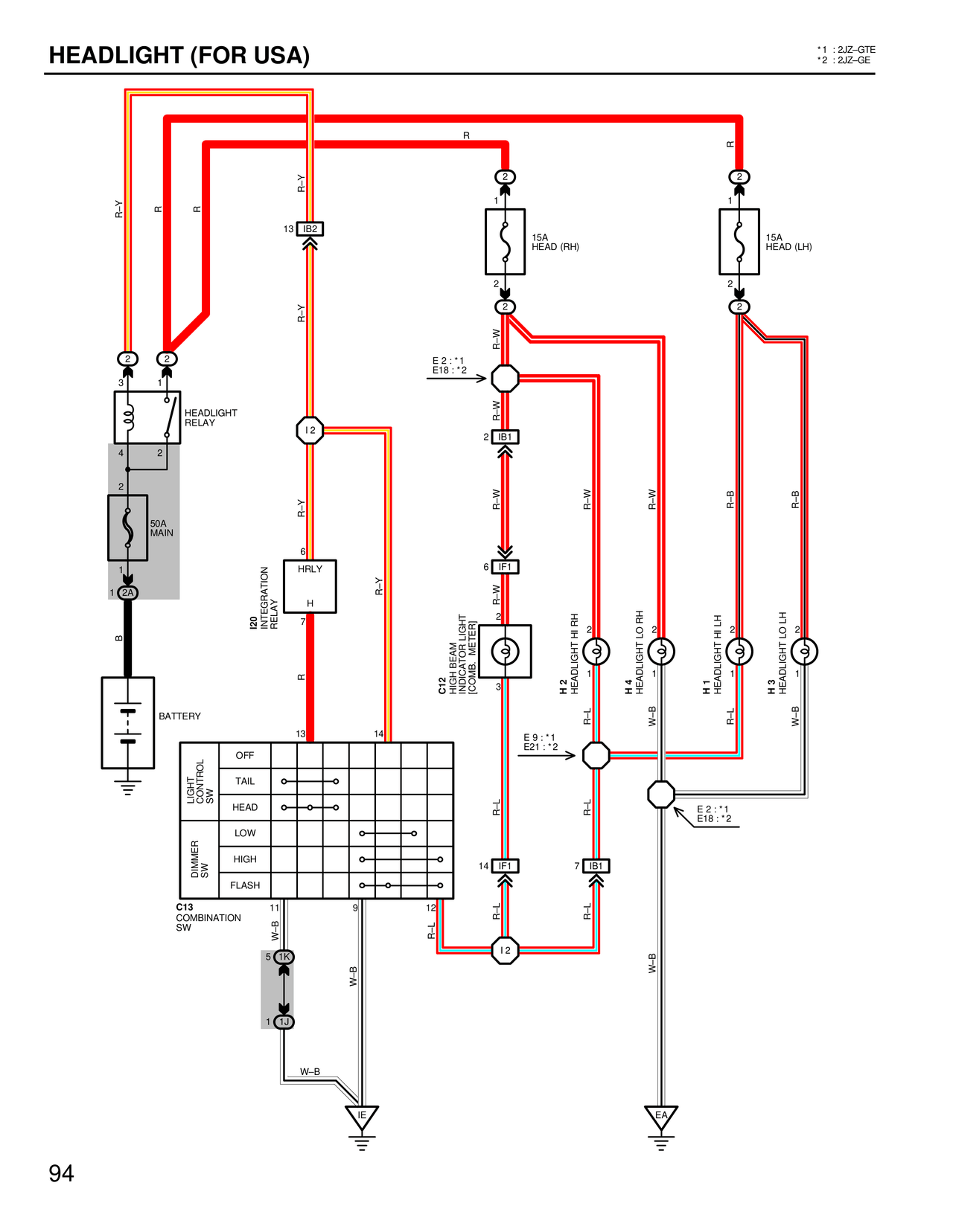 Headlight (For USA) — MK4 Supra Headlights wiring diagram, page 1