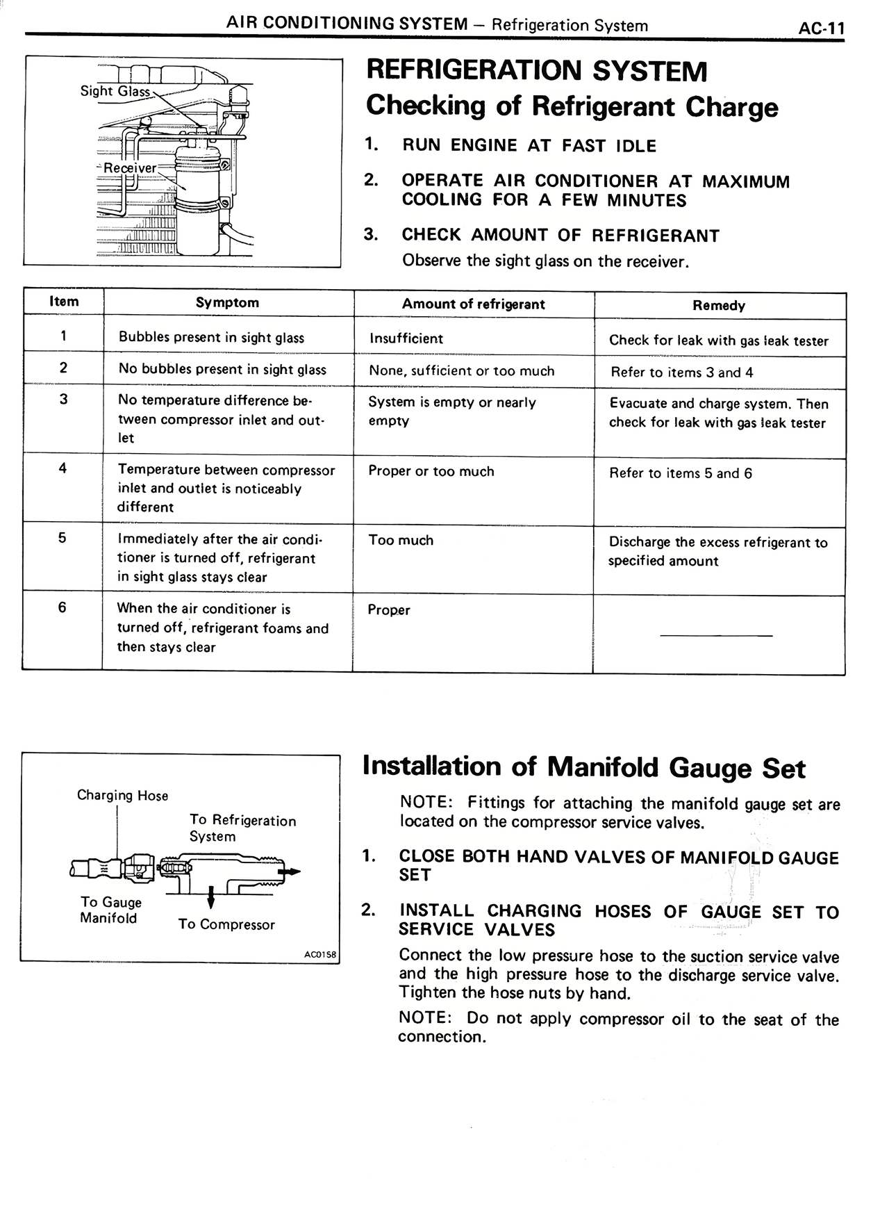 Refrigeration System Checking of Refrigerant Charge — MK2 Supra Air Conditioning System, page 11