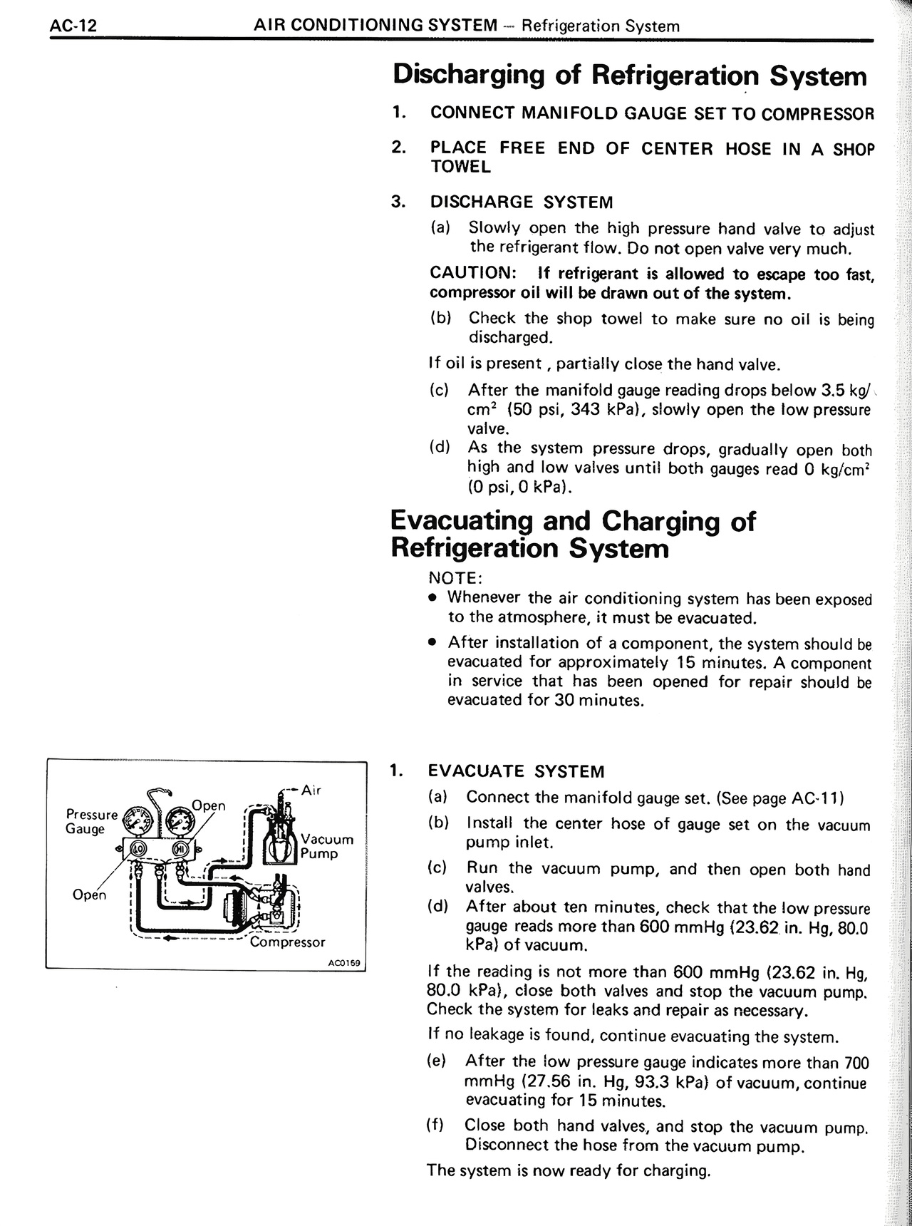 Discharging of Refrigeration System Evacuating and Charging of Refrigeration System — MK2 Supra Air Conditioning System, page 12