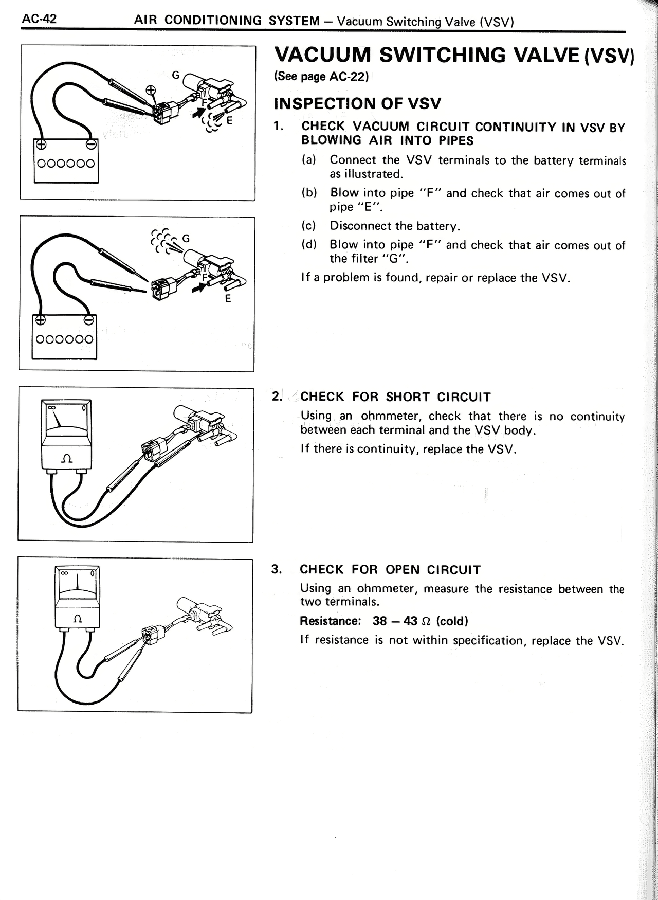 Vacuum Switching Valve (VSV) (See page AC-22) Inspection of VSV — MK2 Supra Air Conditioning System, page 42