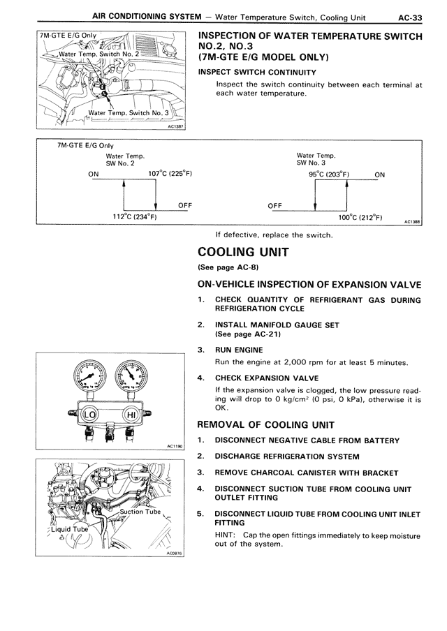 Inspection of Water Temperature Switch NO.2, NO.3 (7M-GTE E/G Model Only) — MK3 Supra Air Conditioning System, page 33