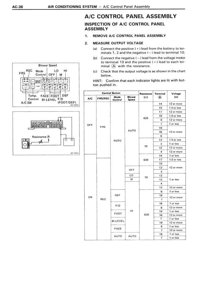 A/C Control Panel Assembly Inspection of A/C Control Panel Assembly — MK3 Supra Air Conditioning System, page 38