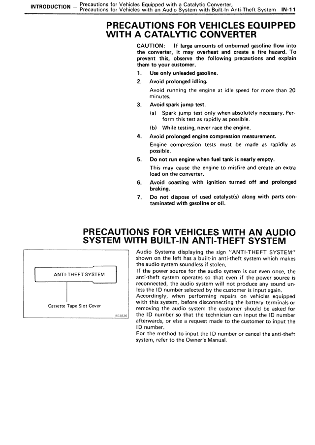 Precautions for Vehicles Equipped with a Catalytic Converter — MK3 Supra Introduction, page 11