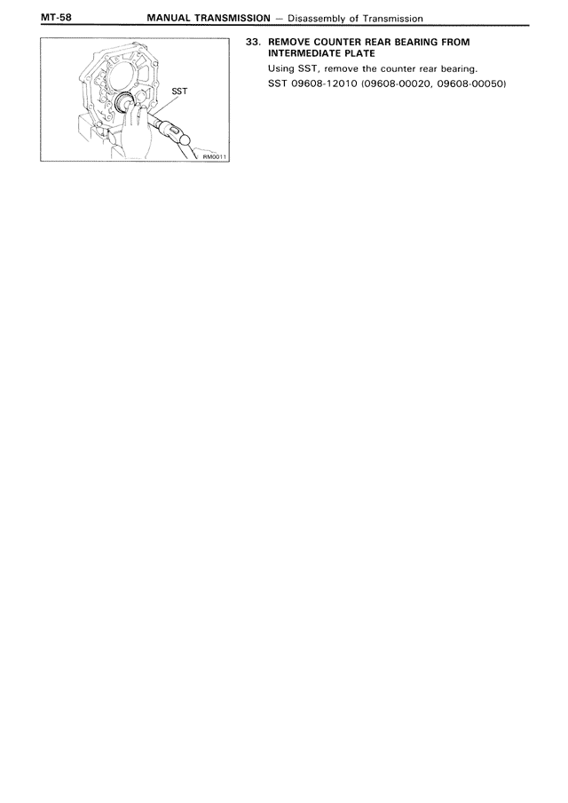 33. Remove Counter Rear Bearing from Intermediate Plate — MK3 Supra Manual Transmission, page 58