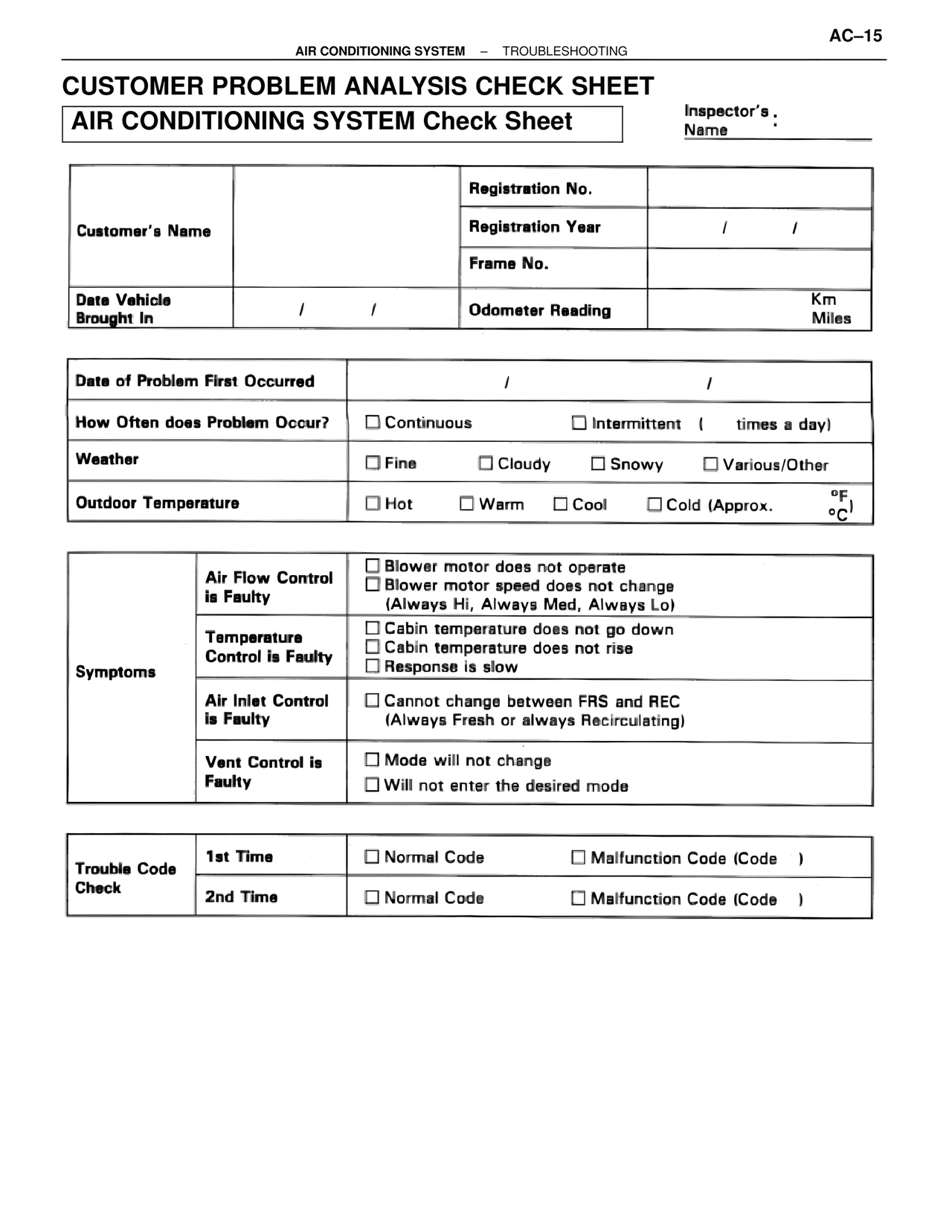 Customer Problem Analysis Check Sheet Air Conditioning System Check Sheet — MK4 Supra Air Conditioning, page 15