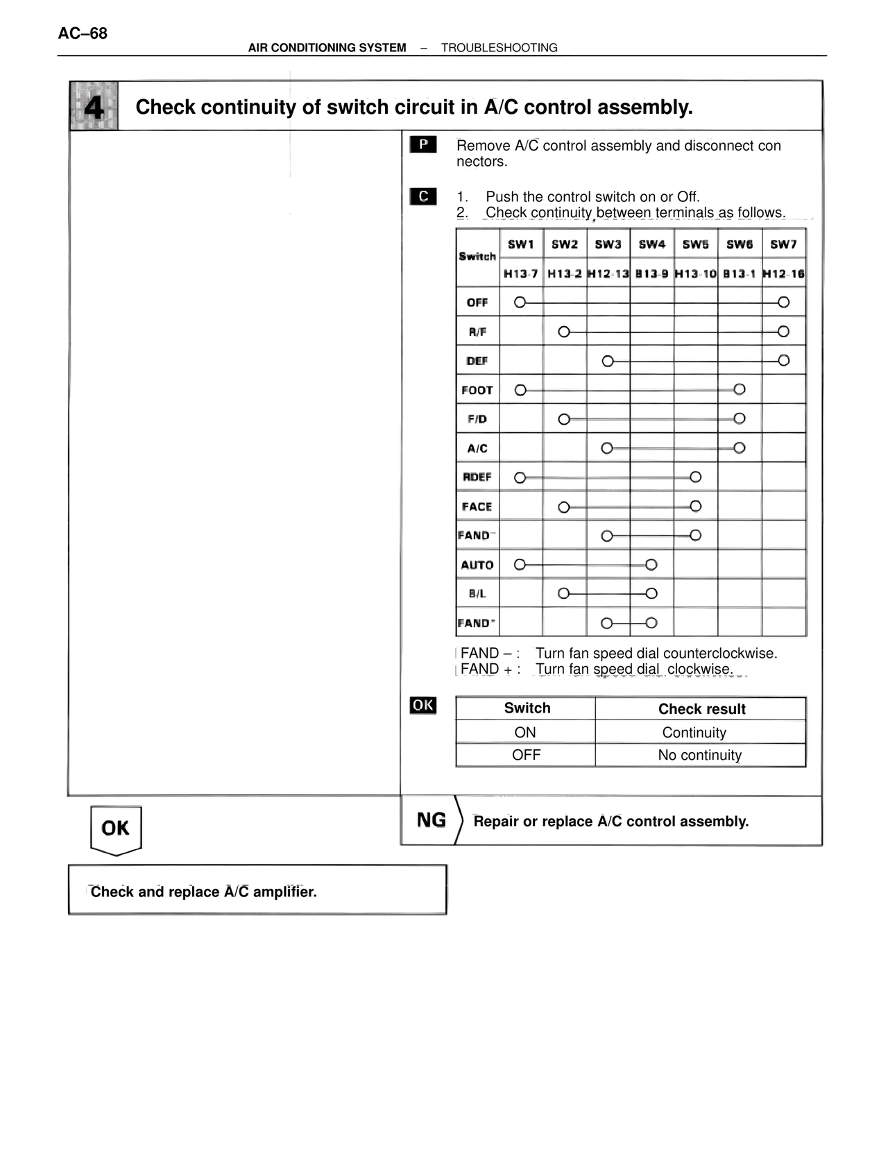 Check continuity of switch circuit in A/C control assembly. — MK4 Supra Air Conditioning, page 68
