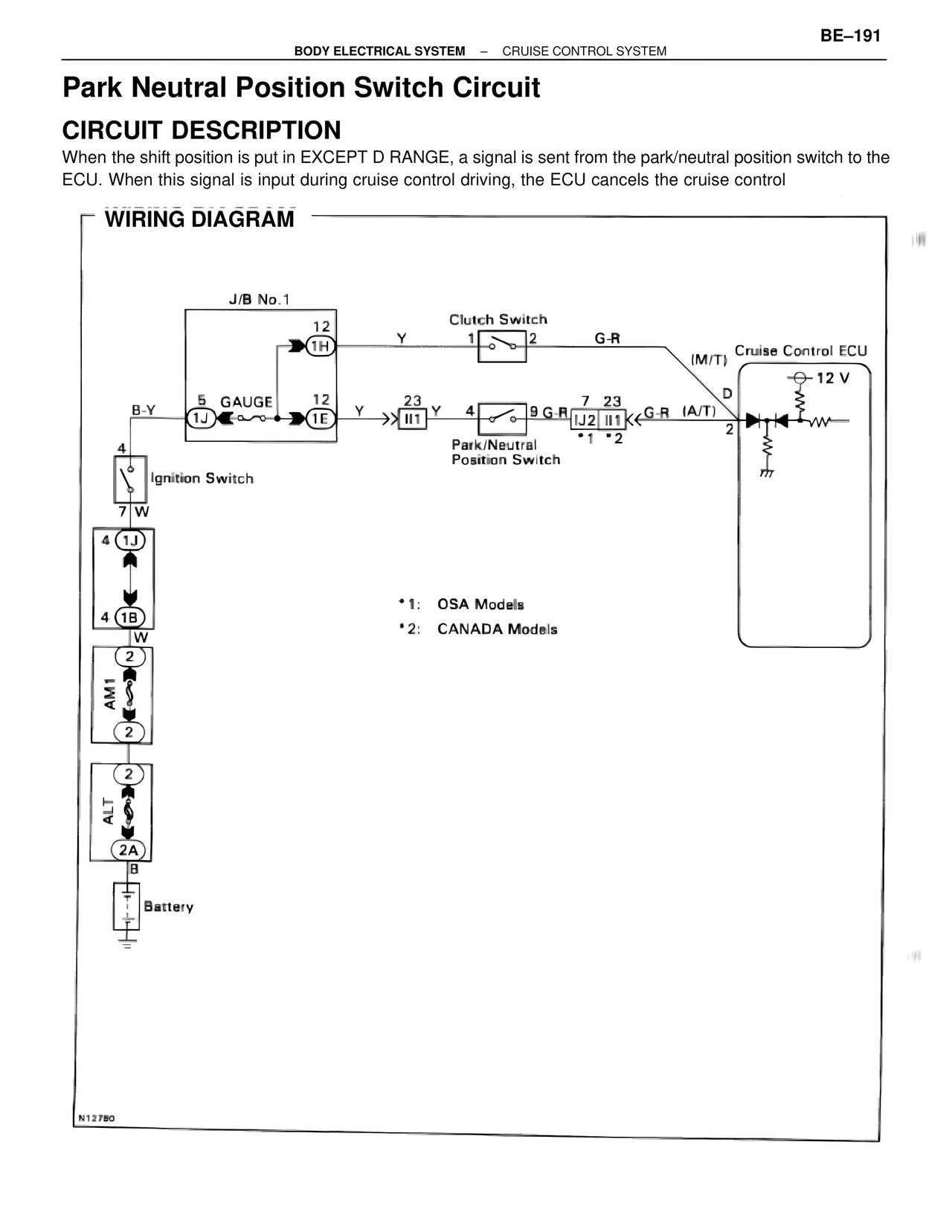 Park Neutral Position Switch Circuit — MK4 Supra Body Electrical Systems, page 191